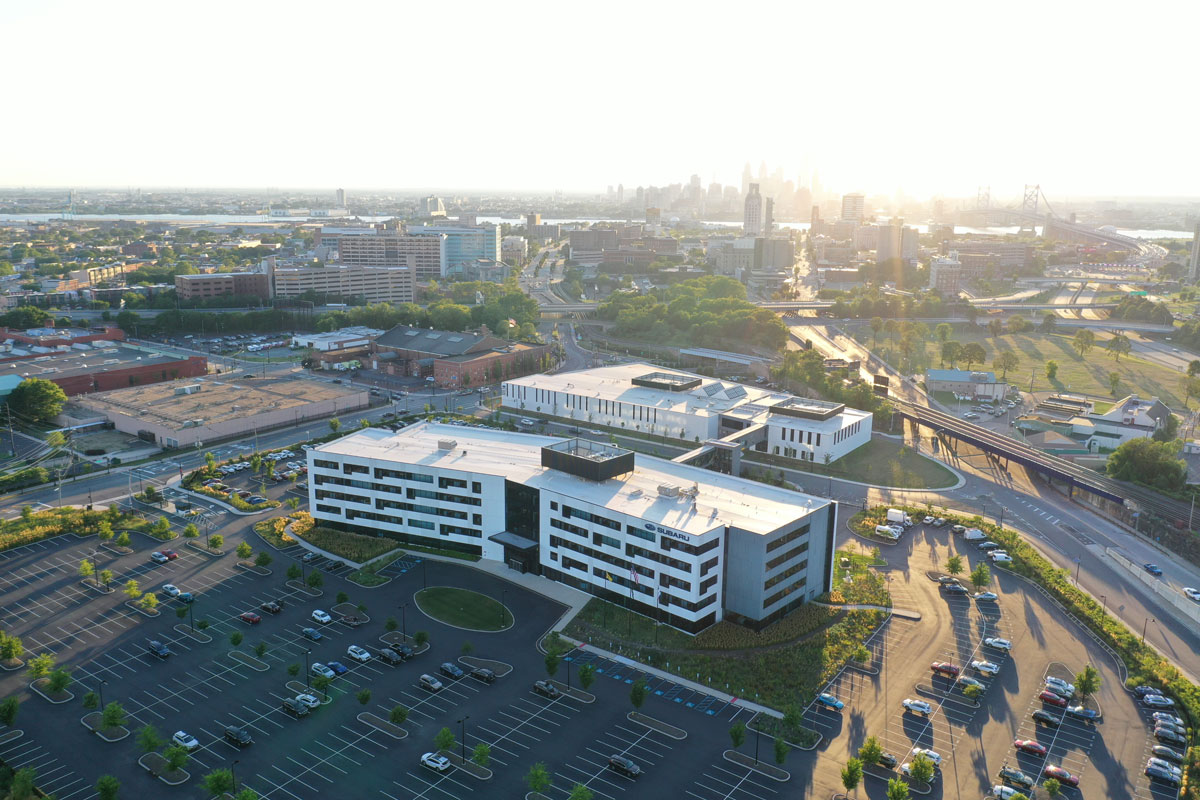 Arial view of a modern office building with