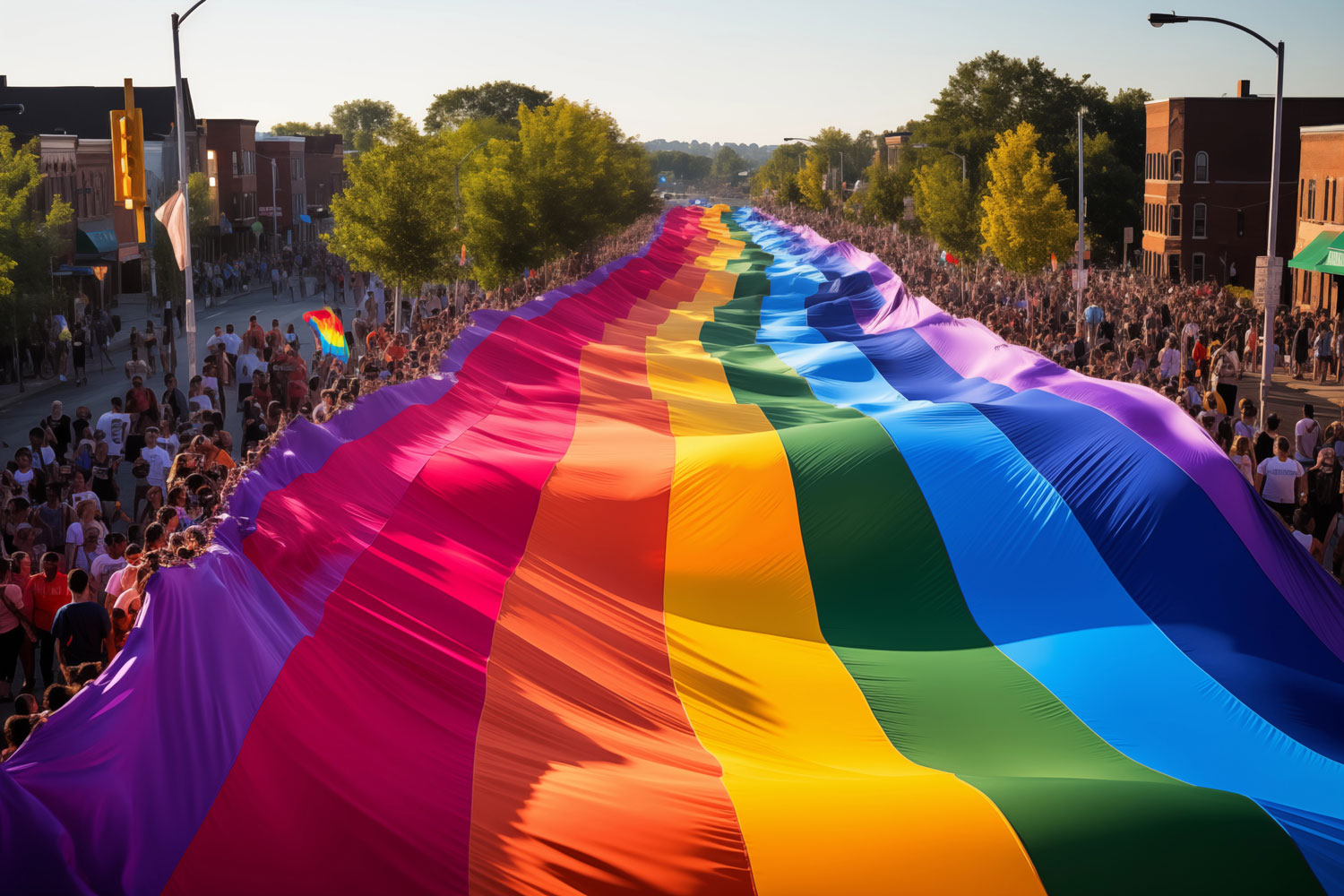 Colorful pride parade with a giant, vibrant rainbow flag stretching along a street, lined with cheering crowds.