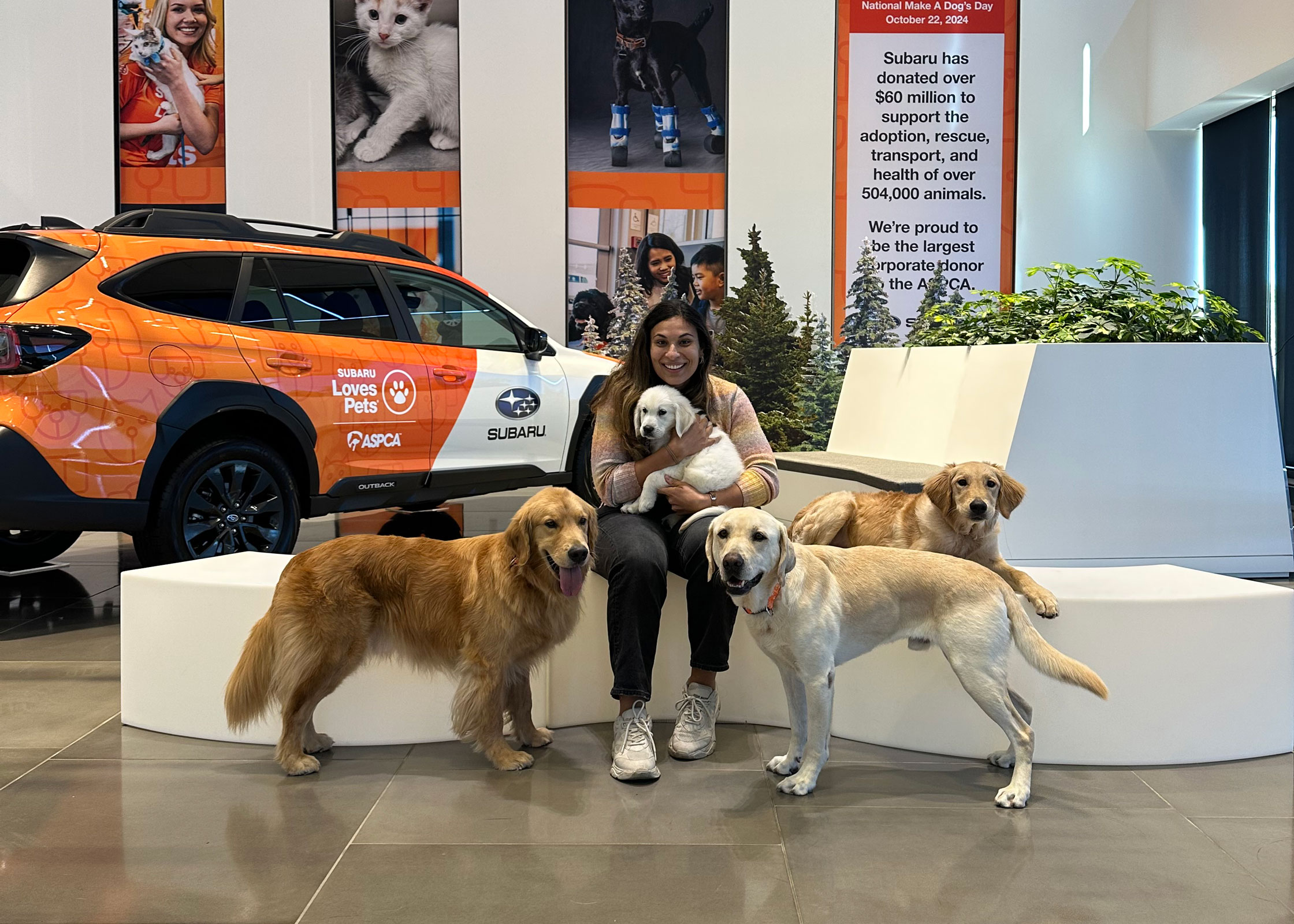 A smiling woman holding a fluffy white puppy, surrounded by three adult golden retrievers. A vehicle with "Subaru Loves Pets" branding and the ASPCA logo is visible behind them.