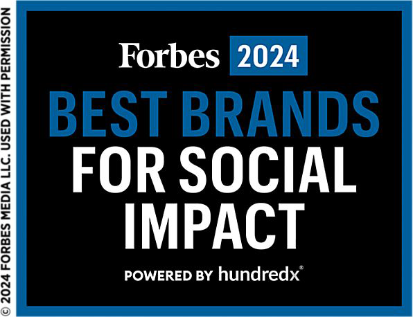 Forbes 2024 Best Brands for Social Impact logo. Powered by HundredX.