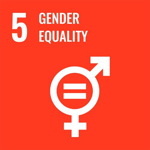 Red square with "5. Gender Equality" in white text above a gender symbol icon combining male and female symbols with an equals sign in the center.