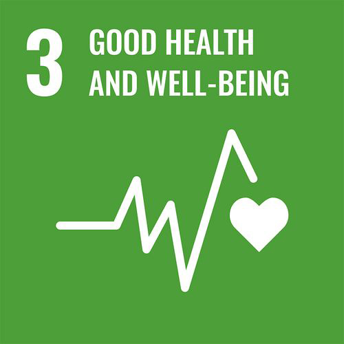 Green square with "3. Good Health and Well-Being" in white text above a heartbeat line icon ending in a heart shape.