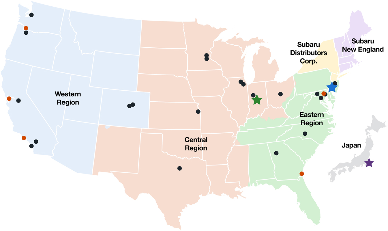 U.S. Map showing Subaru's corporate structure with icons marking Subaru of America locations including regional distribution centers, Subaru service training centers, and business operation offices, as well as Subaru of America ports. The Western Region, highlighted with blue states, includes locations in Washington, Oregon, California, and Colorado, and ports in Oregon and California. The Central Region, highlighted with orange states, includes locations in Minnesota, Illinois, Indiana, Ohio, Kansas, and Texas. Subaru of Indiana Automotive is highlighted in this region with a green star icon over Lafayette, Indiana. The Eastern Region, highlighted with green states, includes locations in New Jersey, Maryland, North Carolina, and Georgia, and ports in Maryland and Georgia. Subaru of America headquarters is highlighted in this region with a blue star icon over Camden, New Jersey. Subaru Distributors Corp. is highlighted with yellow states, and Subaru New England is highlighted with purple states. To the right of the U.S. map, Japan is featured in gray. Subaru Corporation is highlighted with a purple star icon over Tokyo, Japan.