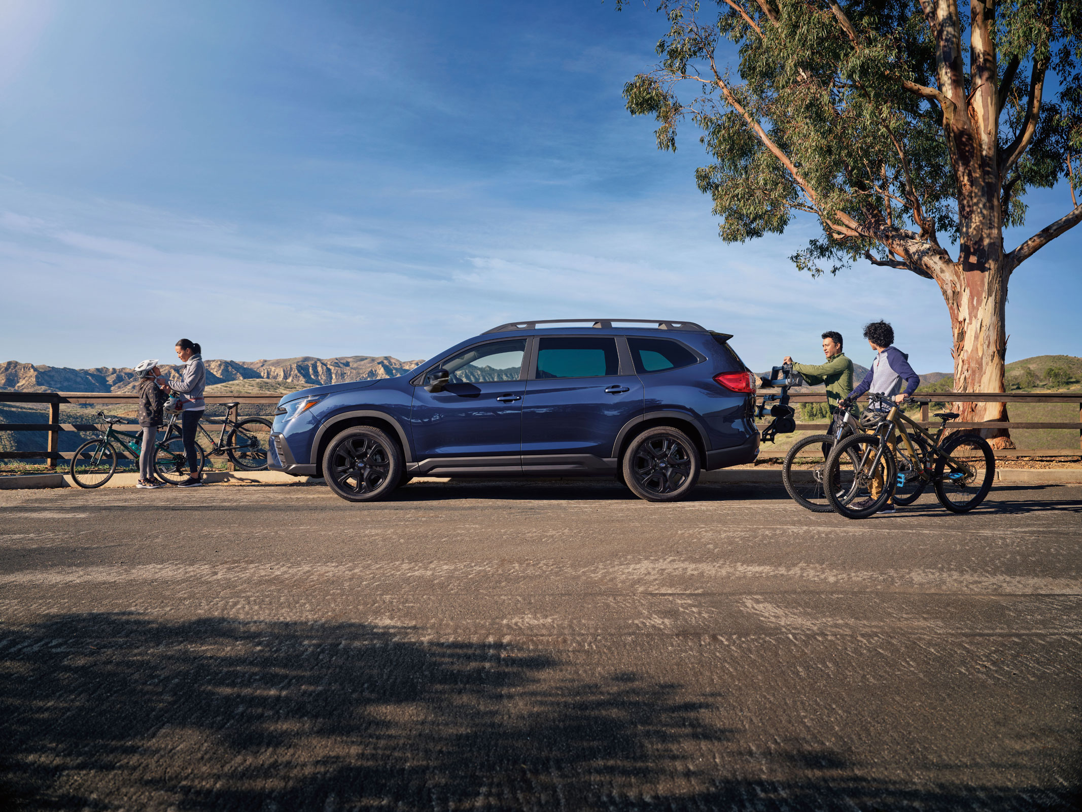 Four people with bikes stand near a parked blue Subaru SUV with a scenic mountain view in the distance.