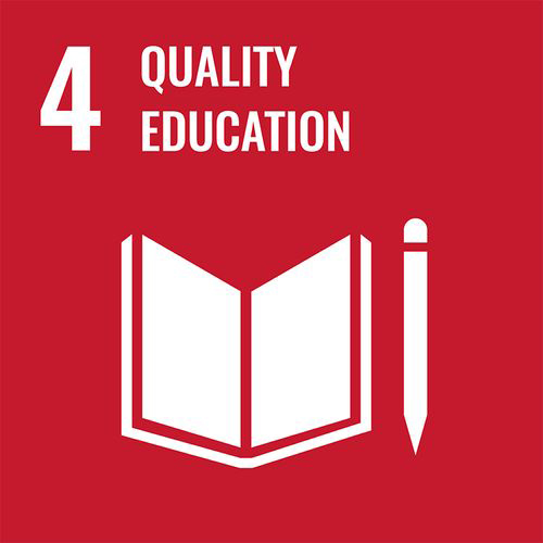 Red square with "4. Quality Education" in white text above a notebook and pencil icon.