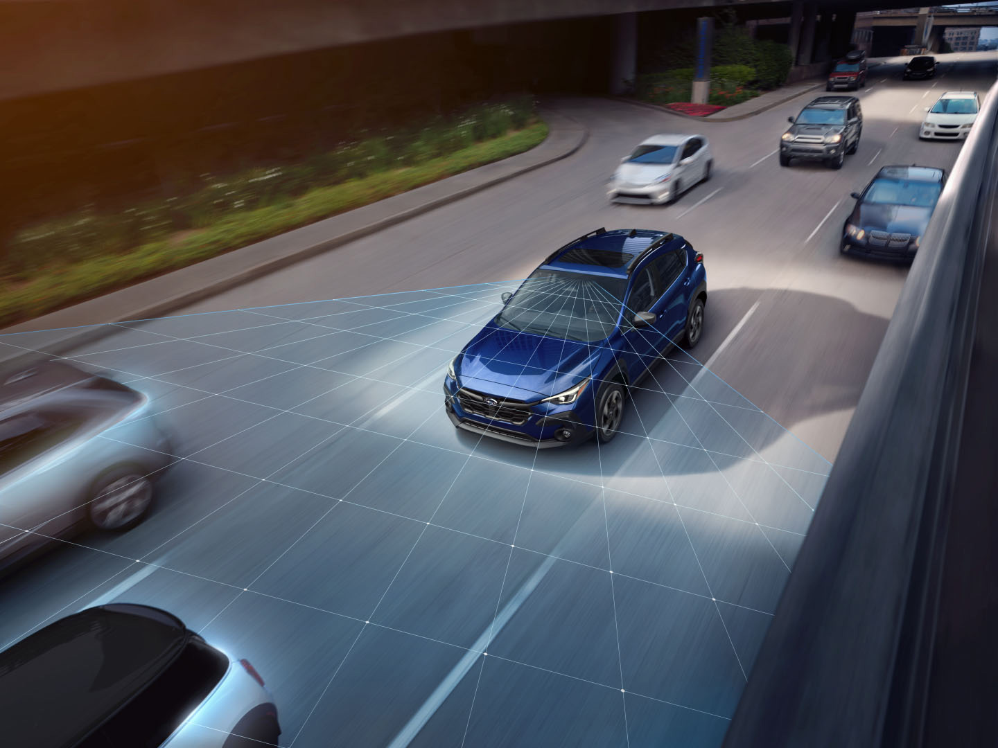 Blue Subaru SUV equipped with advanced driver-assistance systems navigates a highway, visualized by digital safety grid overlays.