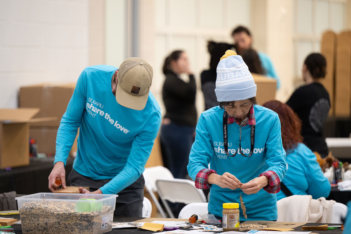 People in blue "Subaru Share The Love Event" shirts and hats work together at a community event, assembling packages with focus and teamwork.