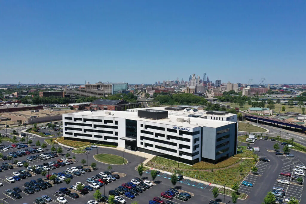 Aerial view of Subaru of America headquarters in Camden, New Jersey.