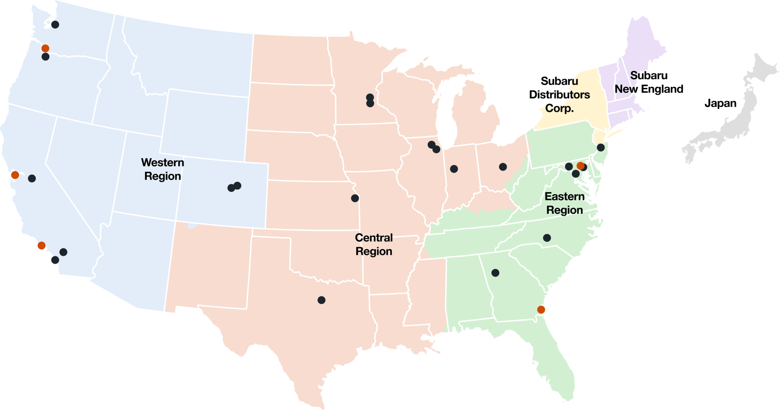 Map of Subaru of America locations across the U.S., with markers for distribution centers, service training centers, business offices, and ports. Japan is also shown.
