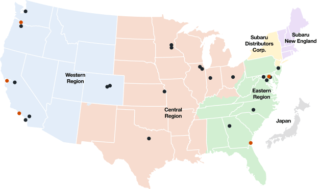 Map of Subaru of America locations across the U.S., with markers for distribution centers, service training centers, business offices, and ports. Japan is also shown.